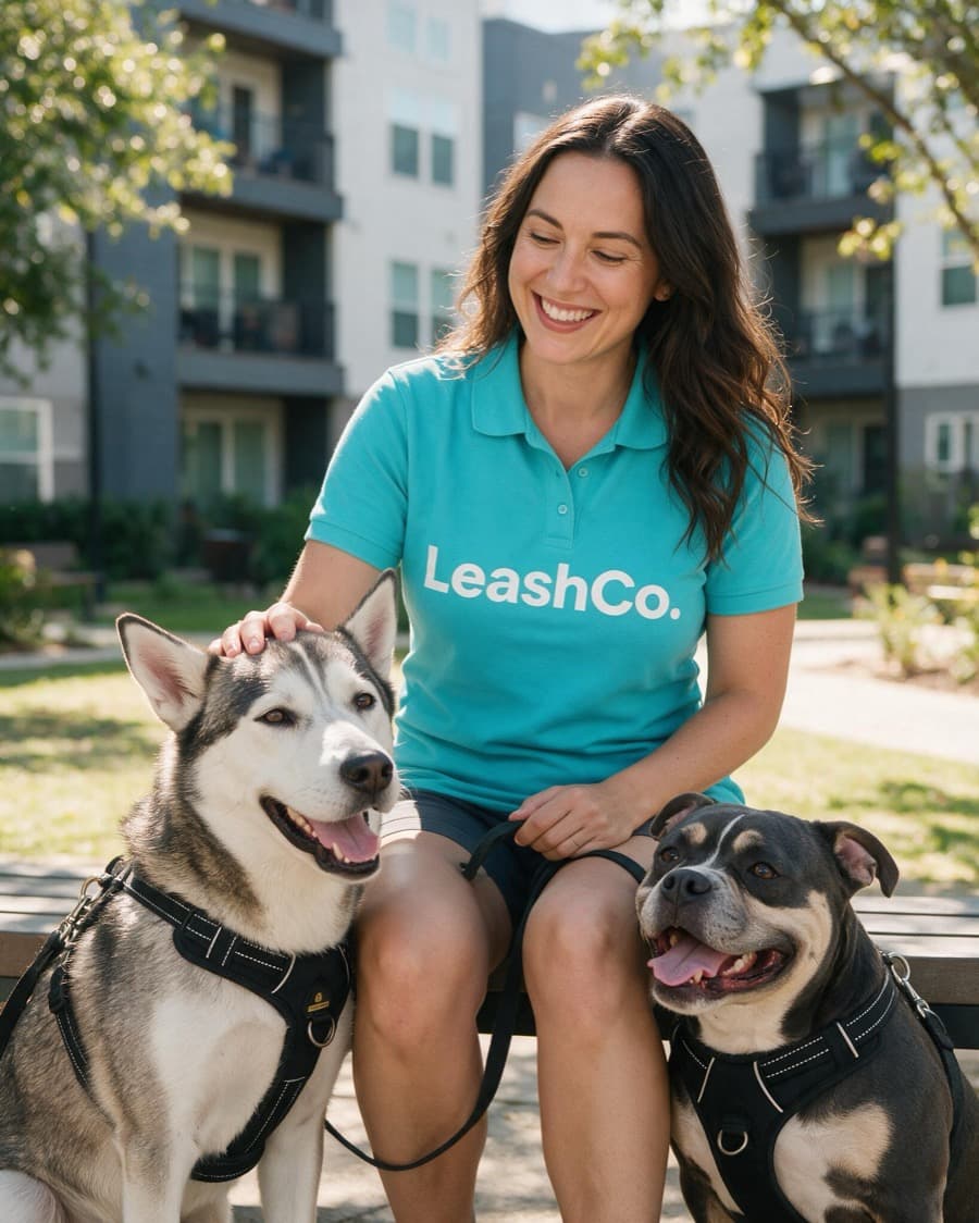 A LeashCo walker on a courtyard bench with two leashed dogs at an apartment community