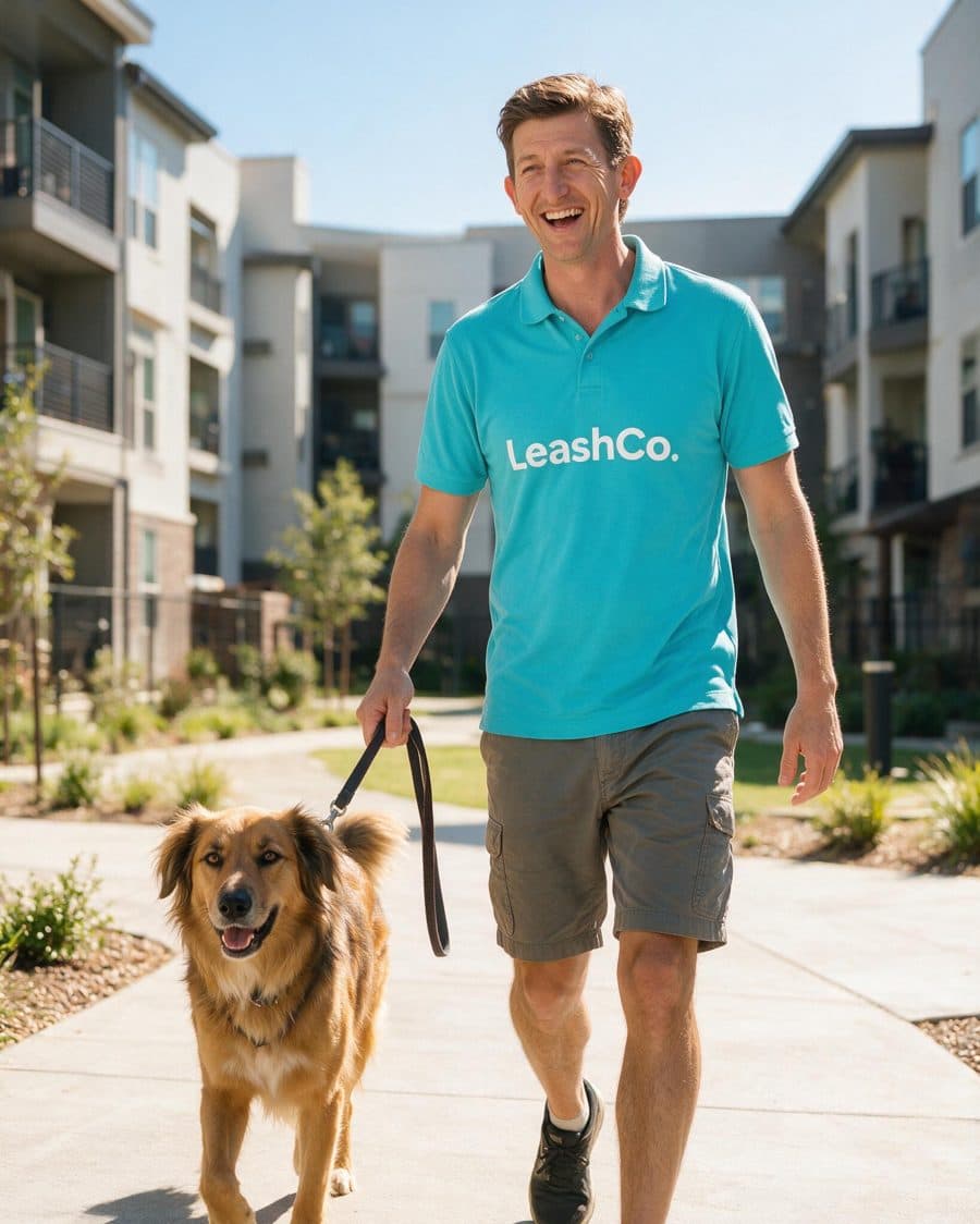 A LeashCo walker grinning while walking a long-haired collie mix
